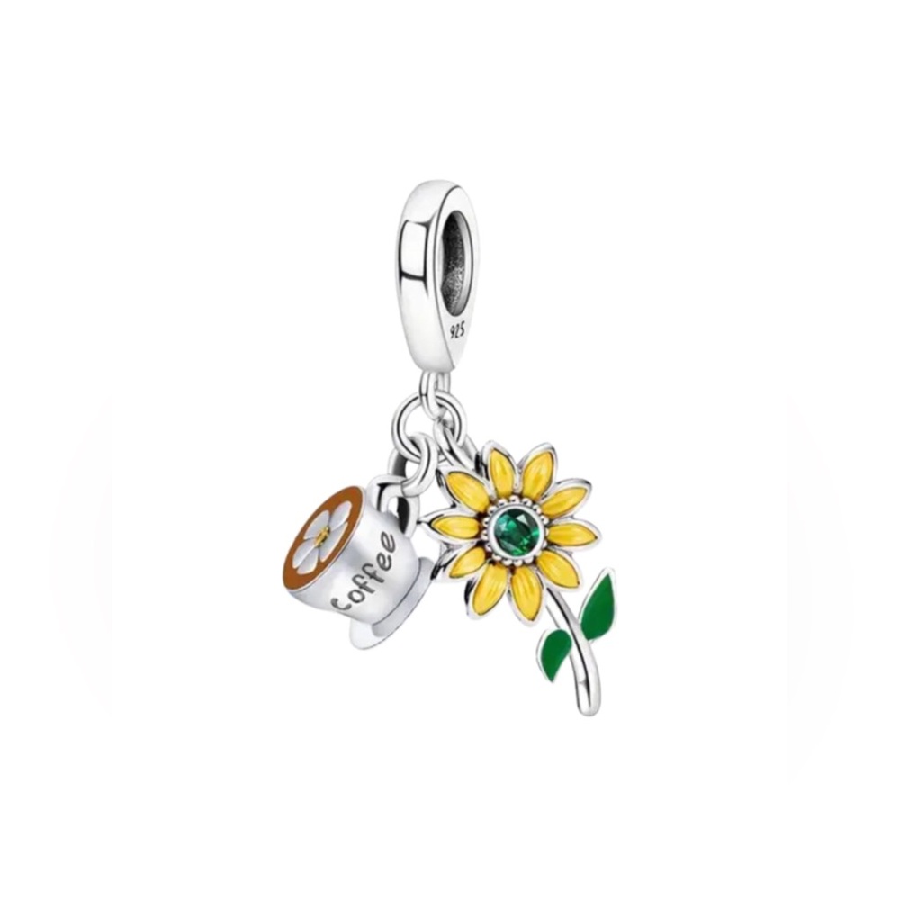 S925 Platinum Plated Coffee Sunflower Charm Pendant